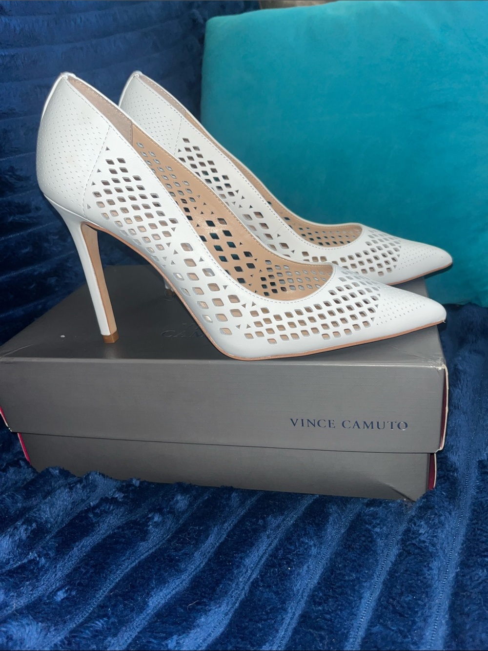 Vince Camuto White Laser-Cut Pointed-Toe Pumps